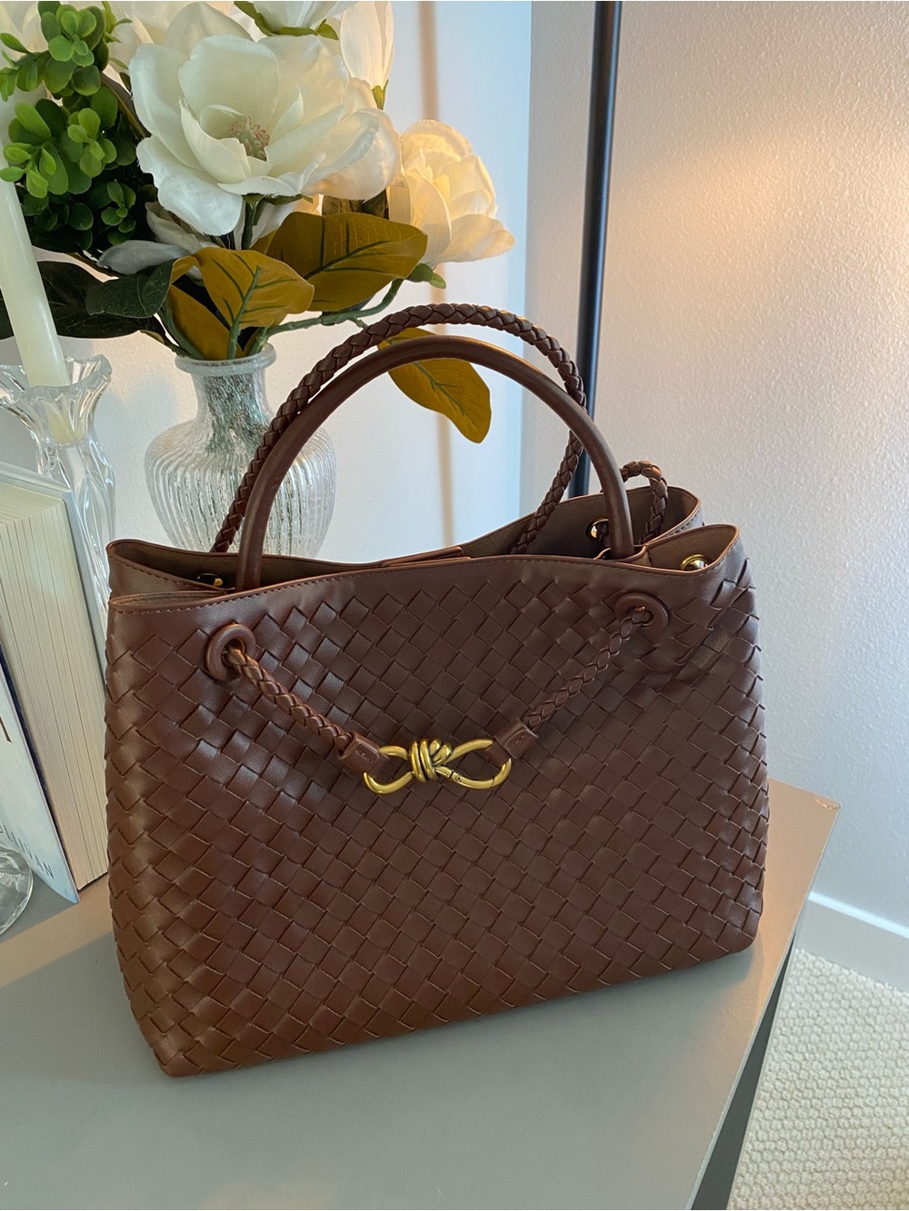 Fashion Nova Brown Braided Woven Tote with Gold Accent/NWOT/NEVER USED